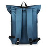 A dark blue waterproof business laptop backpack with multiple compartments.