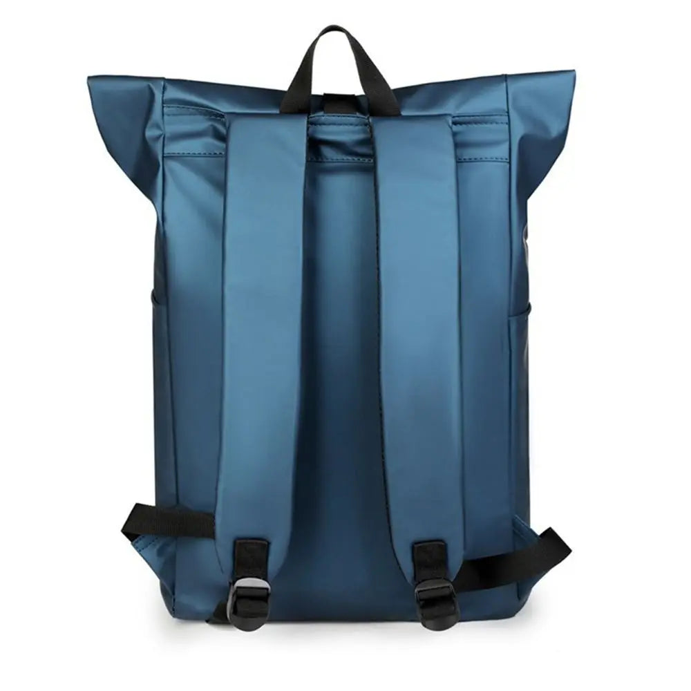 A dark blue waterproof business laptop backpack with multiple compartments.