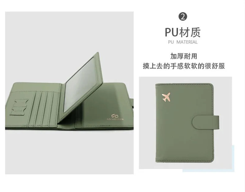 A green slim PU leather wallet with a card slot and a flap closure shown open and closed.