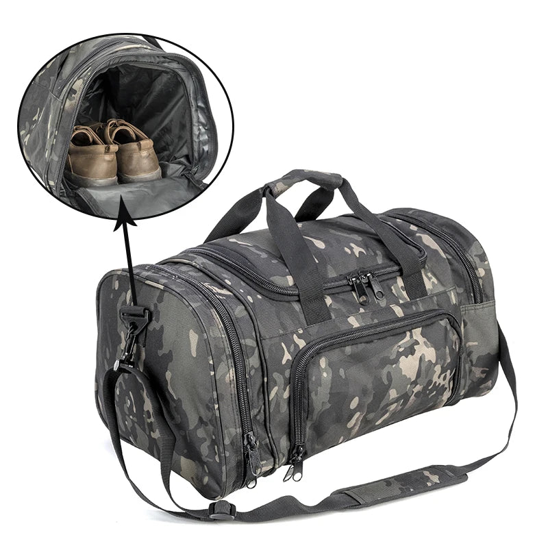 A camouflage duffel bag with a padded strap is shown, featuring an open compartment displaying a pair of shoes.