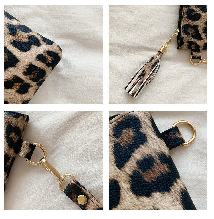 A leopard print PU leather wrist bag featuring gold hardware and a textured finish.