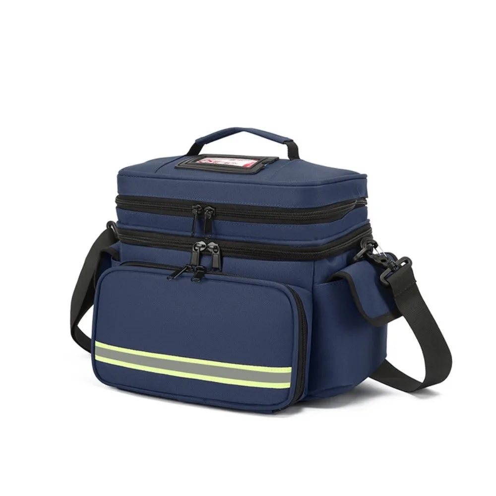 A navy blue durable waterproof emergency trauma bag with a yellow stripe detail.