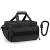 A black heavy-duty multi-pocket tool bag with a handle and a metal hook closure.