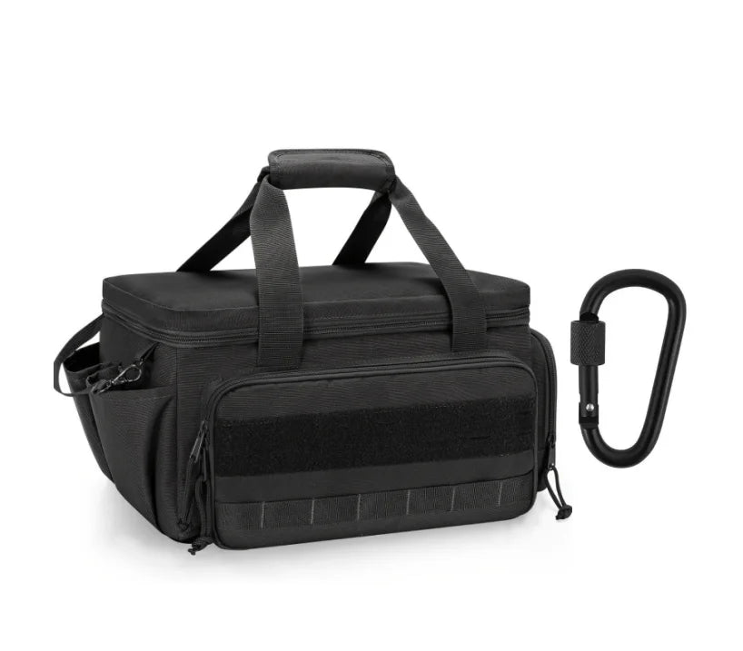 A black heavy-duty multi-pocket tool bag with a handle and a metal hook closure.