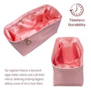 A pink vegan leather bag organizer insert with a silk-lined interior shown in an open and closed view.