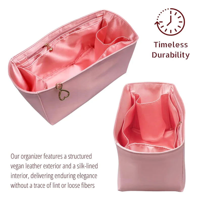 A pink vegan leather bag organizer insert with a silk-lined interior shown in an open and closed view.