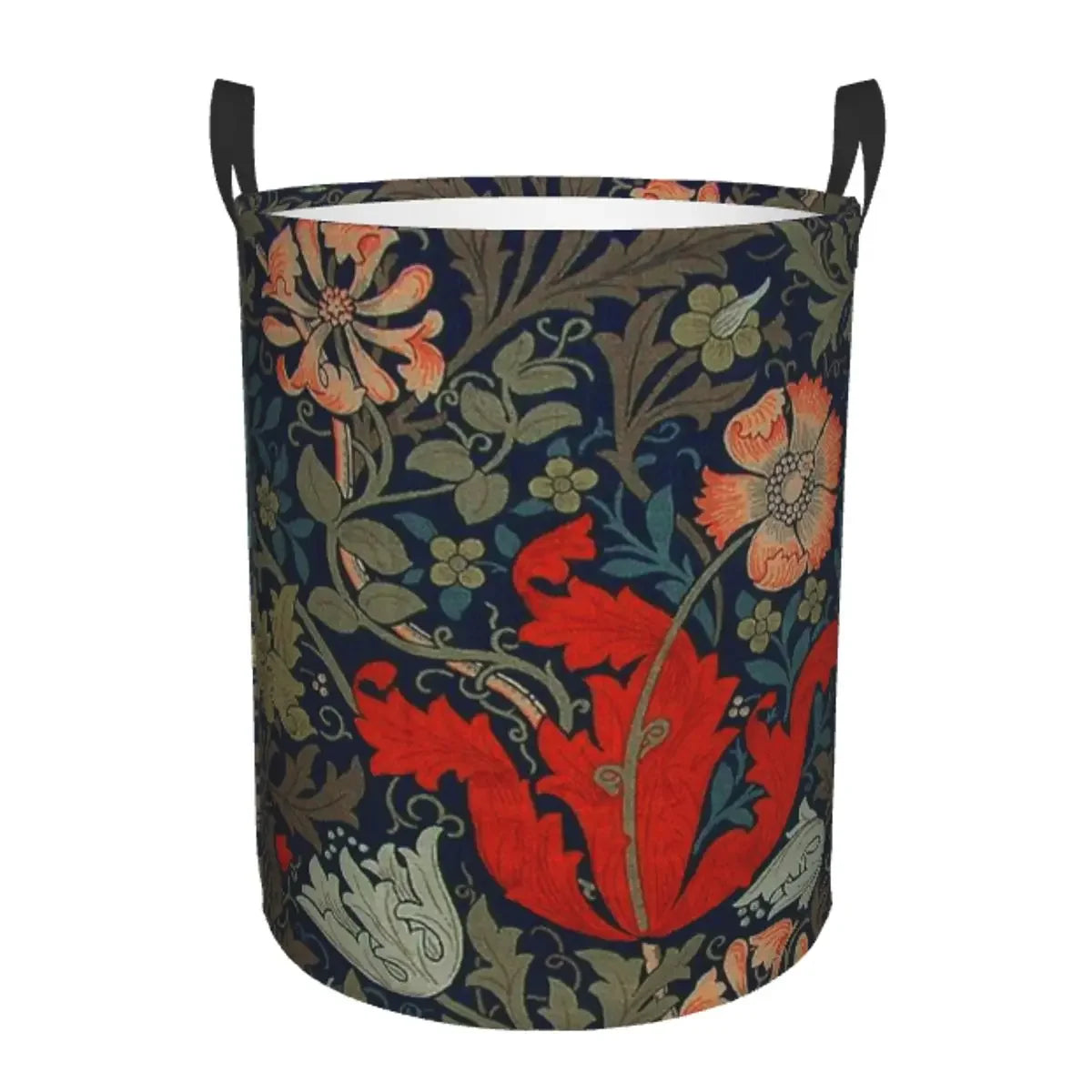A vintage floral laundry hamper made of fabric with a dark blue background featuring orange and green botanical patterns.