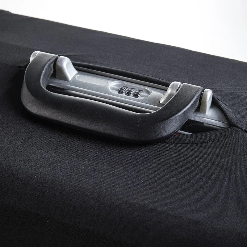 A close-up of a gray luggage protector cover mechanism on a black fabric suitcase.