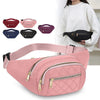 A pink quilted nylon crossbody belt bag shown with various color options and a person holding the product.