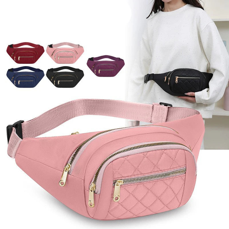 A pink quilted nylon crossbody belt bag shown with various color options and a person holding the product.