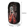 A black pencil case featuring a sports player on a fiery background.