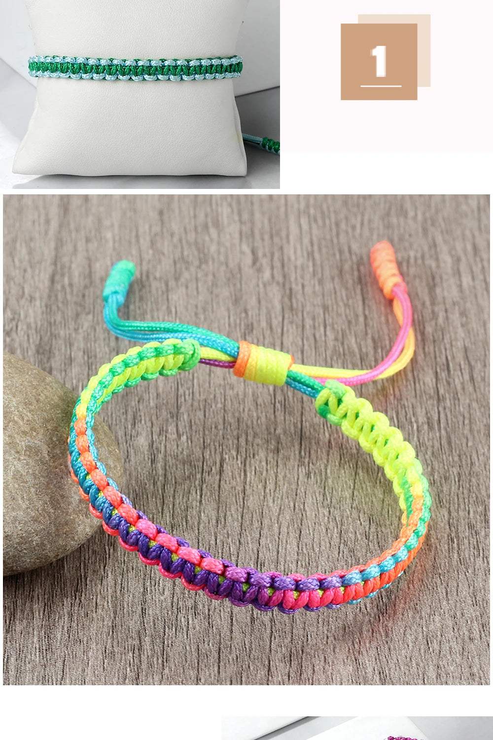 A close-up of a handmade braided rope bracelet featuring colorful threads in shades of green, blue, orange, and purple.