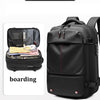 Black heavy duty laptop backpack shown with features for boarding, password security, and vacuum compression.