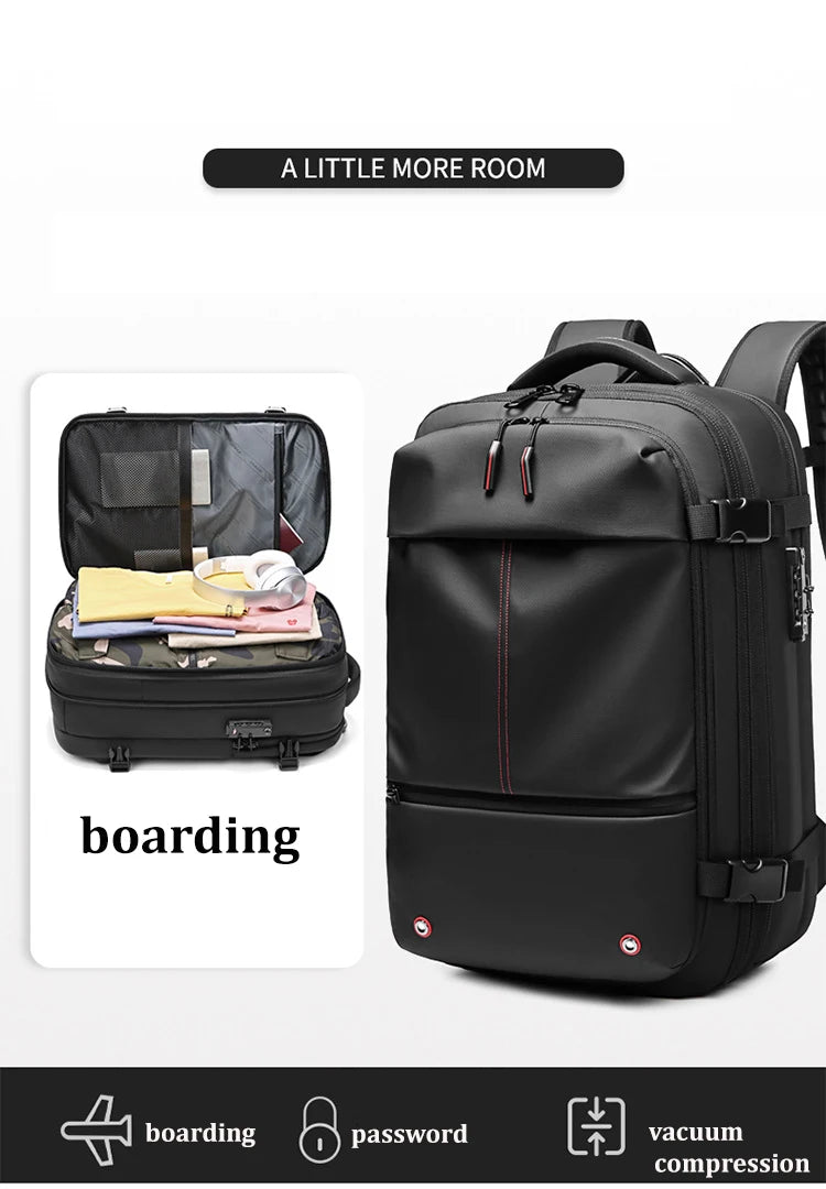 Black heavy duty laptop backpack shown with features for boarding, password security, and vacuum compression.
