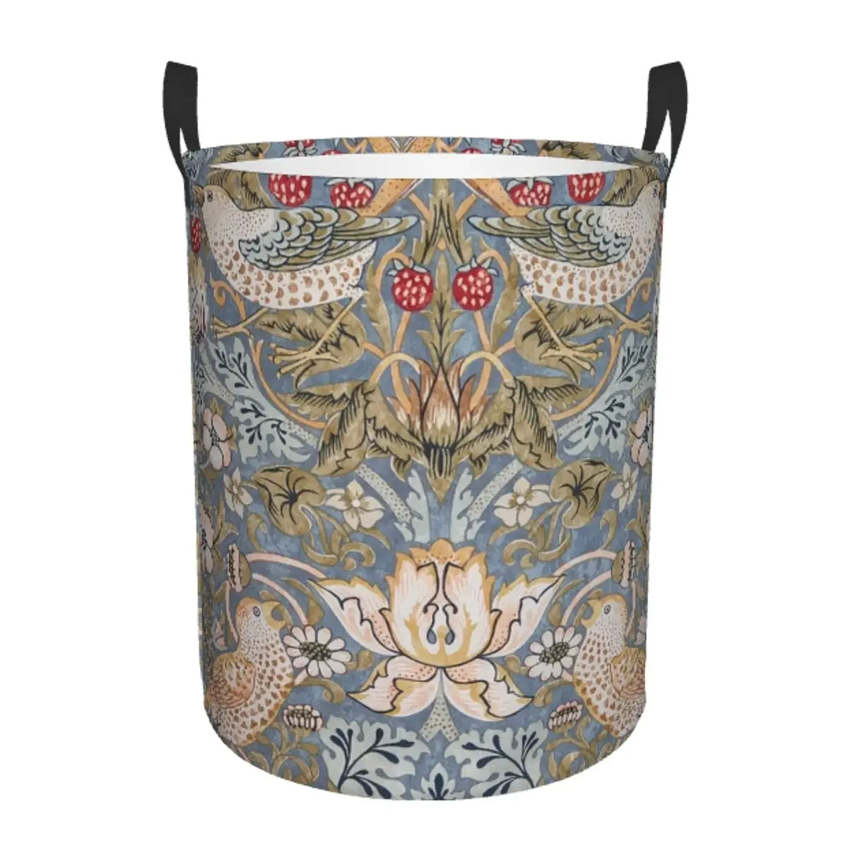 A vintage floral laundry hamper with a blue and beige pattern featuring leaves, flowers, and birds.