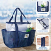 Navy mesh tote bag with shoulder straps featuring front and interior pockets for beach or casual use