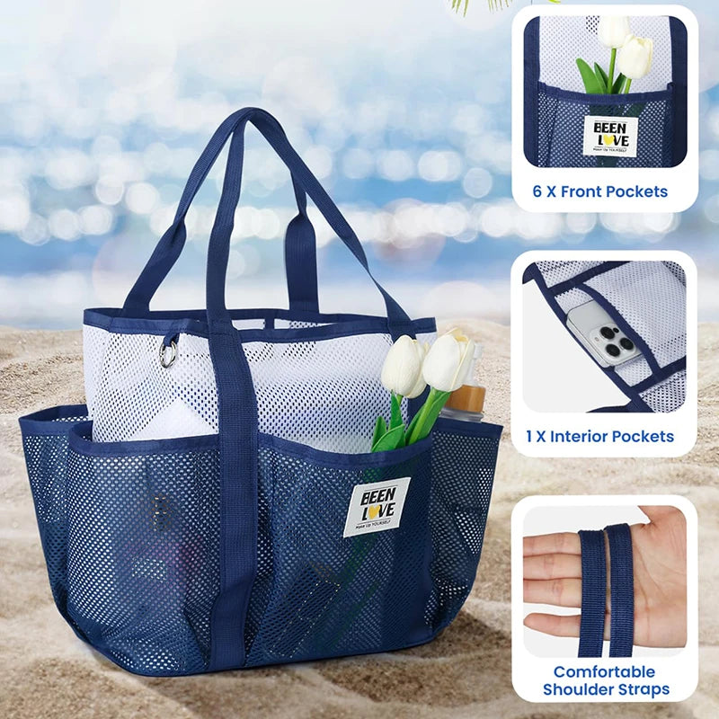 Navy mesh tote bag with shoulder straps featuring front and interior pockets for beach or casual use