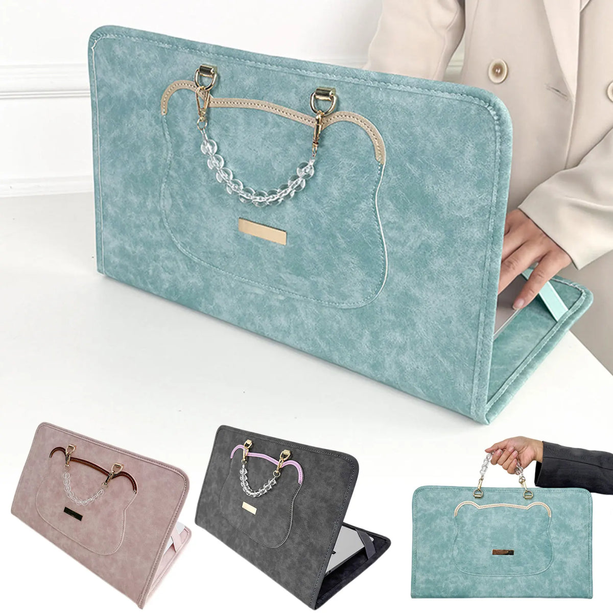 A collection of slim PU laptop protective cases in teal and gray colors shown next to a person's hand.