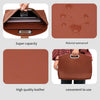 A brown leather laptop briefcase shown with features like super capacity, waterproof material, high quality leather, and conv
