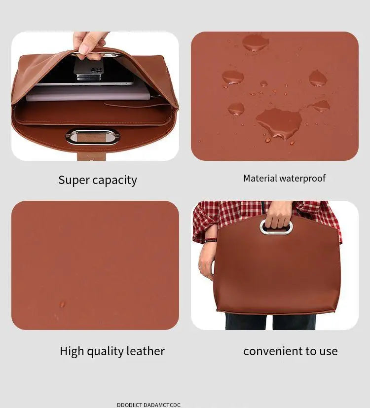 A brown leather laptop briefcase shown with features like super capacity, waterproof material, high quality leather, and conv