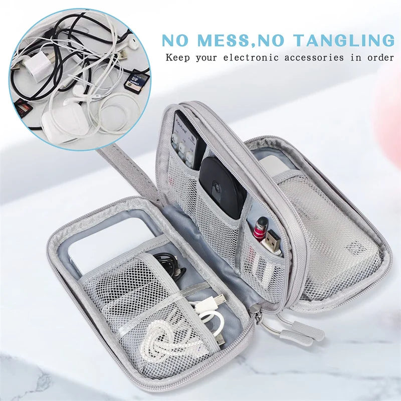 A silver mesh storage bag for organizing and keeping electronic accessories and cables in order.