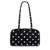 Black nylon shoulder tote bag with white polka dots