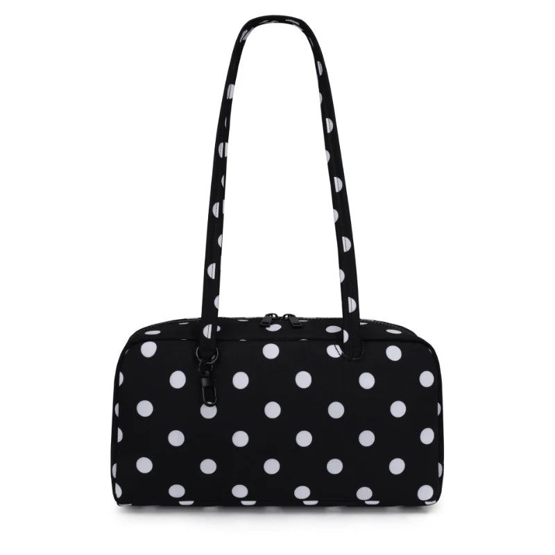 Black nylon shoulder tote bag with white polka dots
