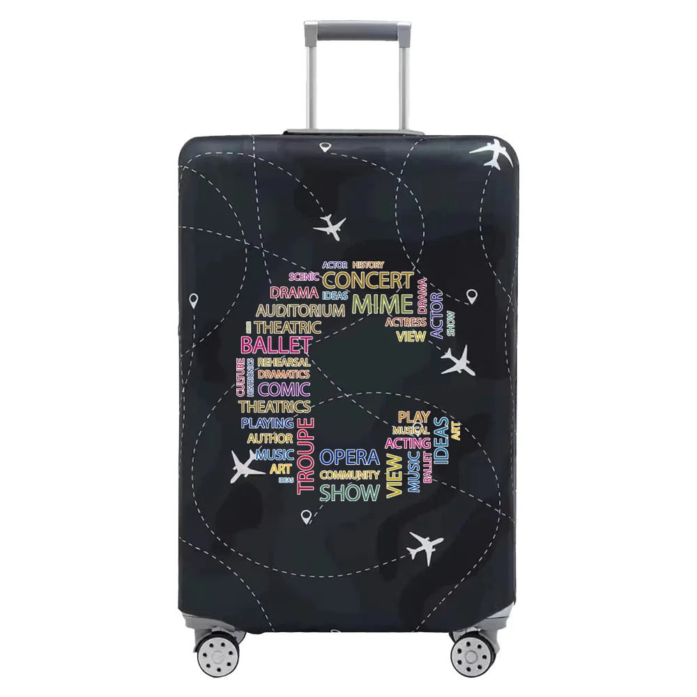A black rolling suitcase with a transparent, patterned stretch fabric protection cover.