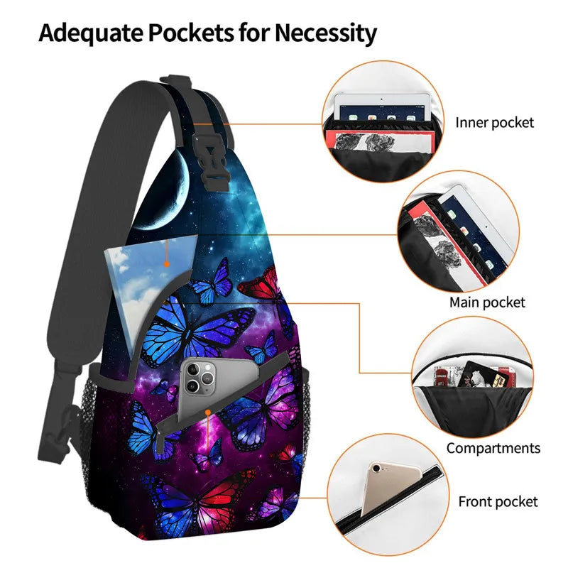 A purple butterfly cartoon crossbody bag with multiple pockets shown in detail.