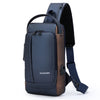 A navy blue anti-theft zippered crossbody bag with a black adjustable strap and brown accents.