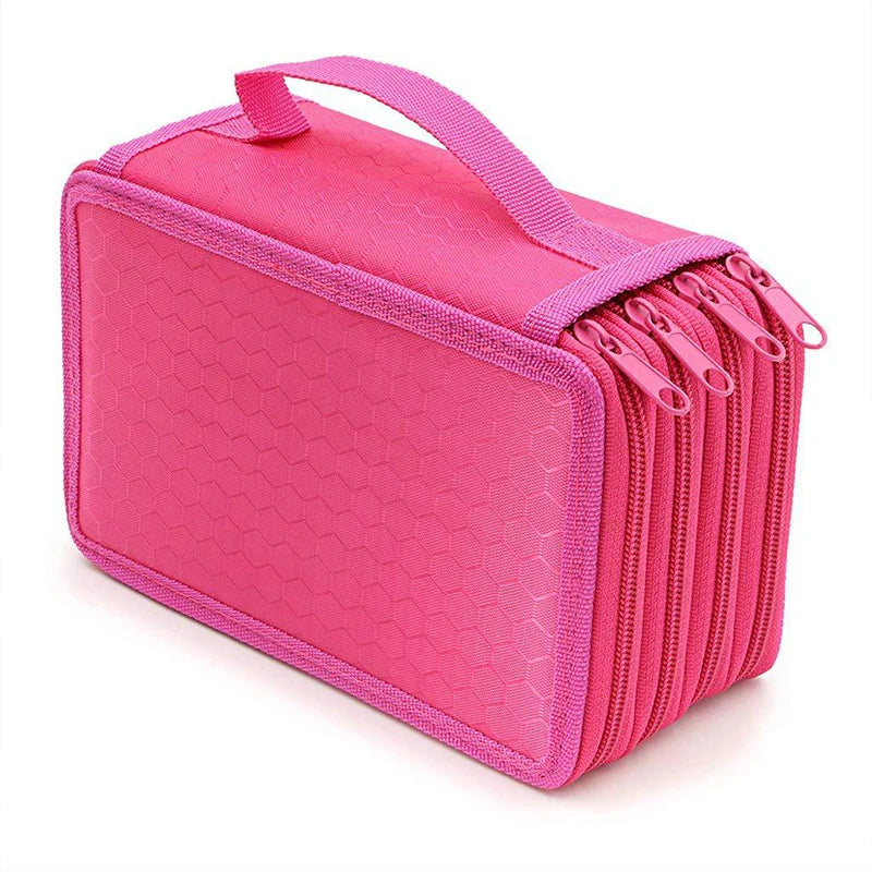 A bright pink large capacity pencil case with a zippered closure and multiple compartments.