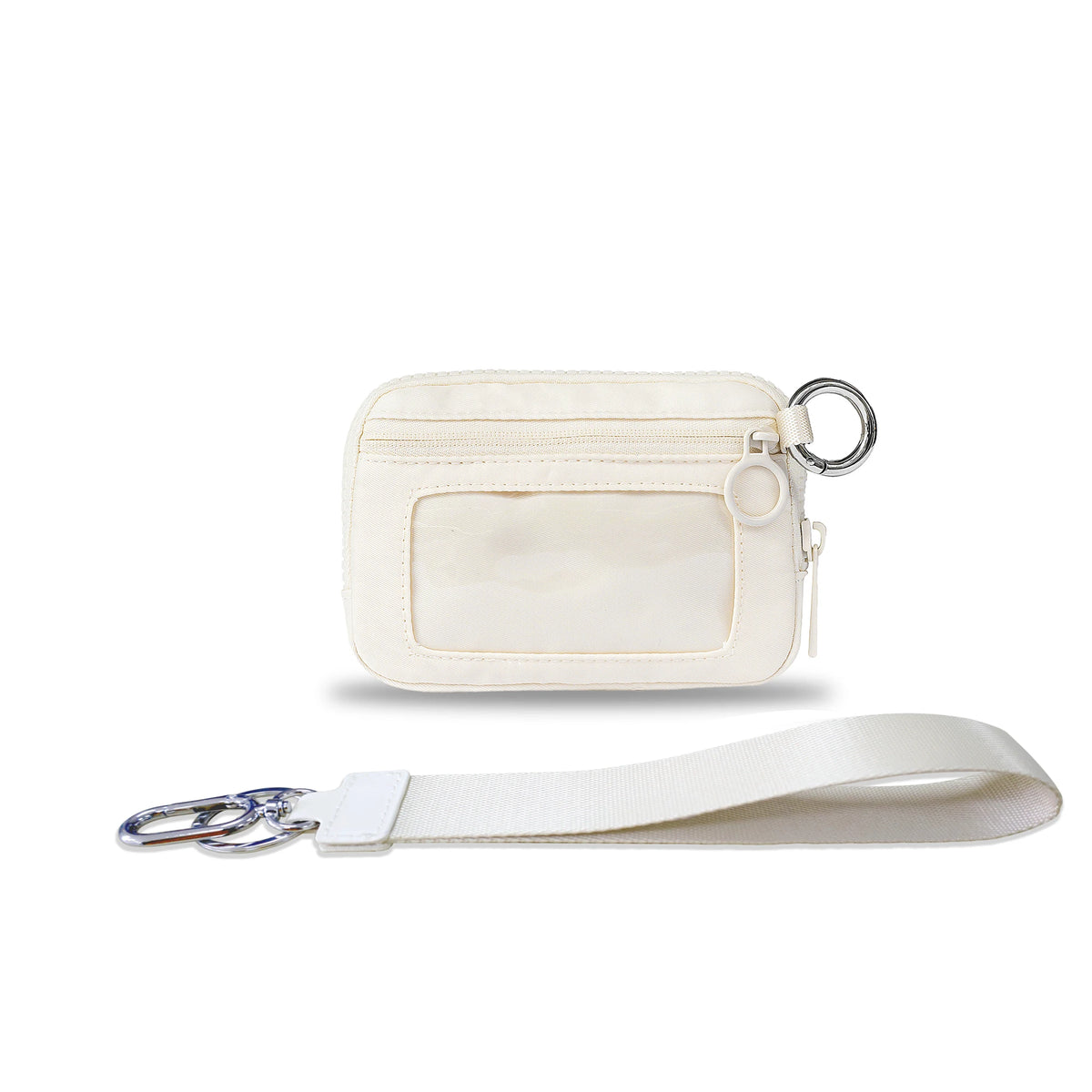 A cream-colored leather wallet with a zippered compartment and an ID window attached to a white strap.
