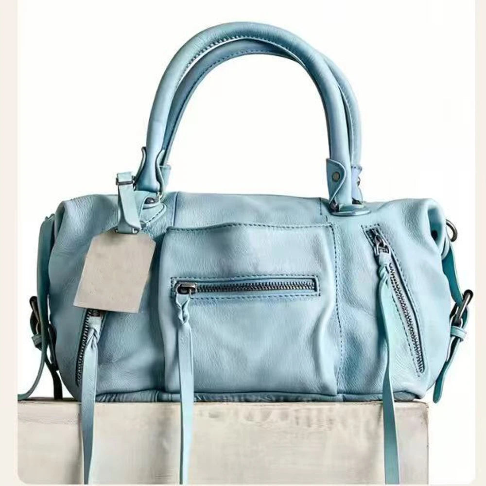 Light blue vintage PU leather crossbody tote bag with adjustable strap