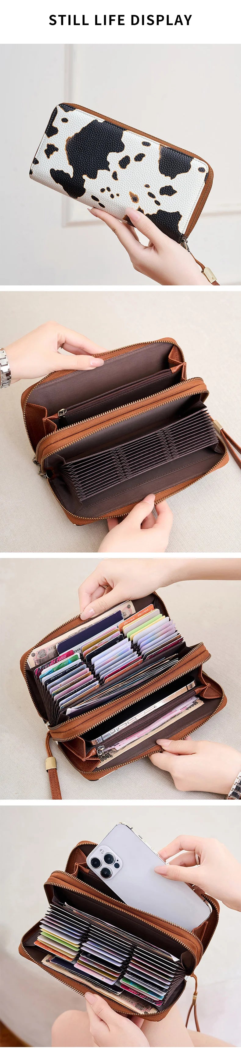 A brown tri-fold wallet with a leopard print design is shown being held and displayed.