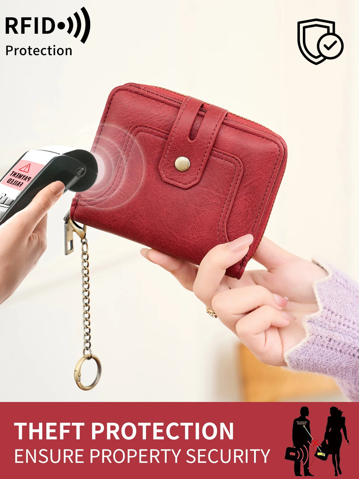 A hand holds a red RFID protected wallet with a zipper closure attached to a chain, emphasizing theft protection.