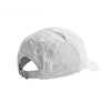 A white mesh baseball cap with a black logo and adjustable strap is shown from the front.
