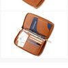 A brown leather passport holder with a flap open, showing an RFID blocking travel passport inside.