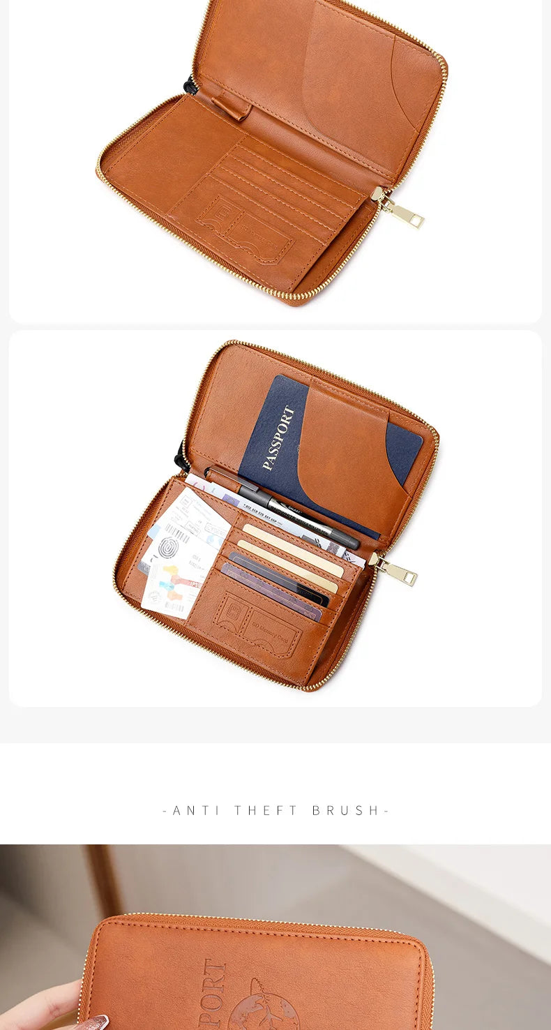 A brown leather passport holder with a flap open, showing an RFID blocking travel passport inside.