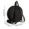 Black cartoon cat round crossbody bag shown with dimensions.