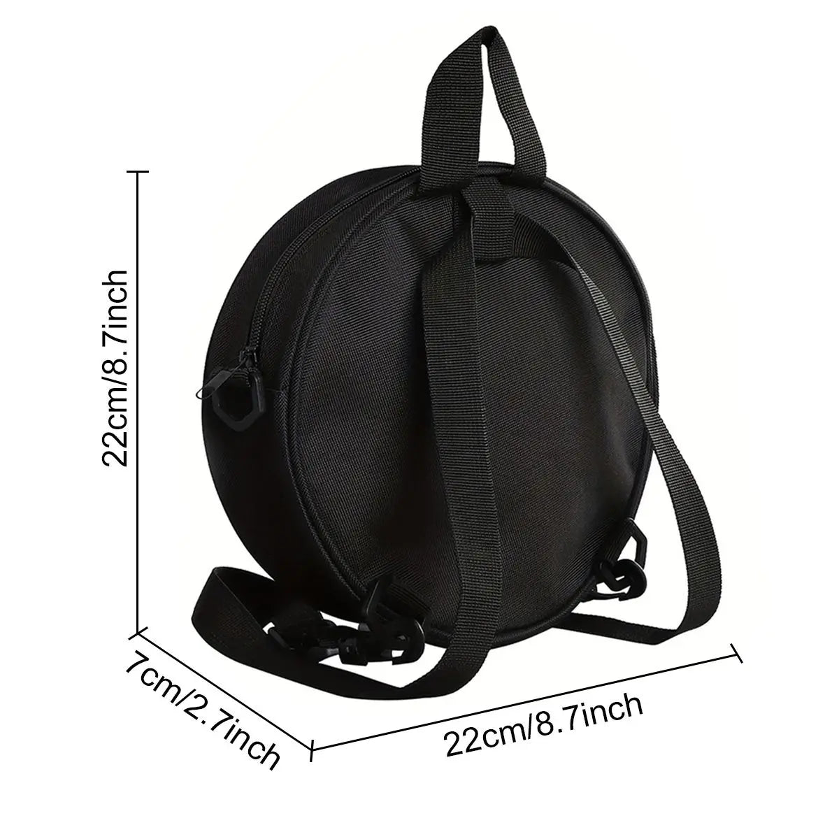 Black cartoon cat round crossbody bag shown with dimensions.