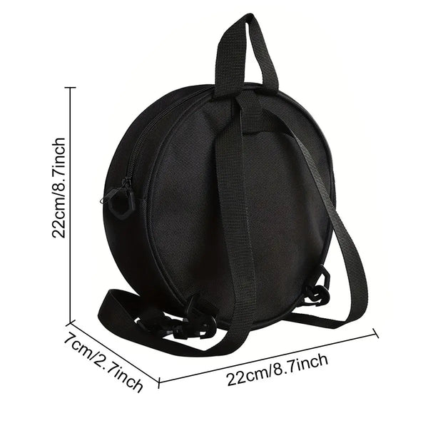 Black cartoon cat round crossbody bag shown with dimensions.