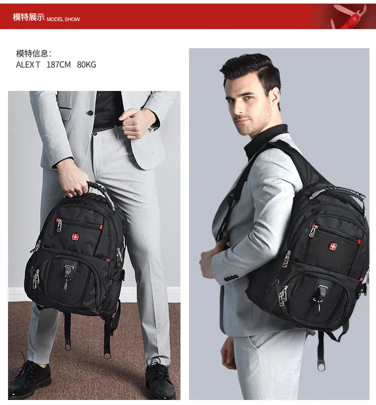 Un hombre vistiendo un traje gris claro sostiene una mochila de viaje grande y de capacidad para hombres suiza negra.