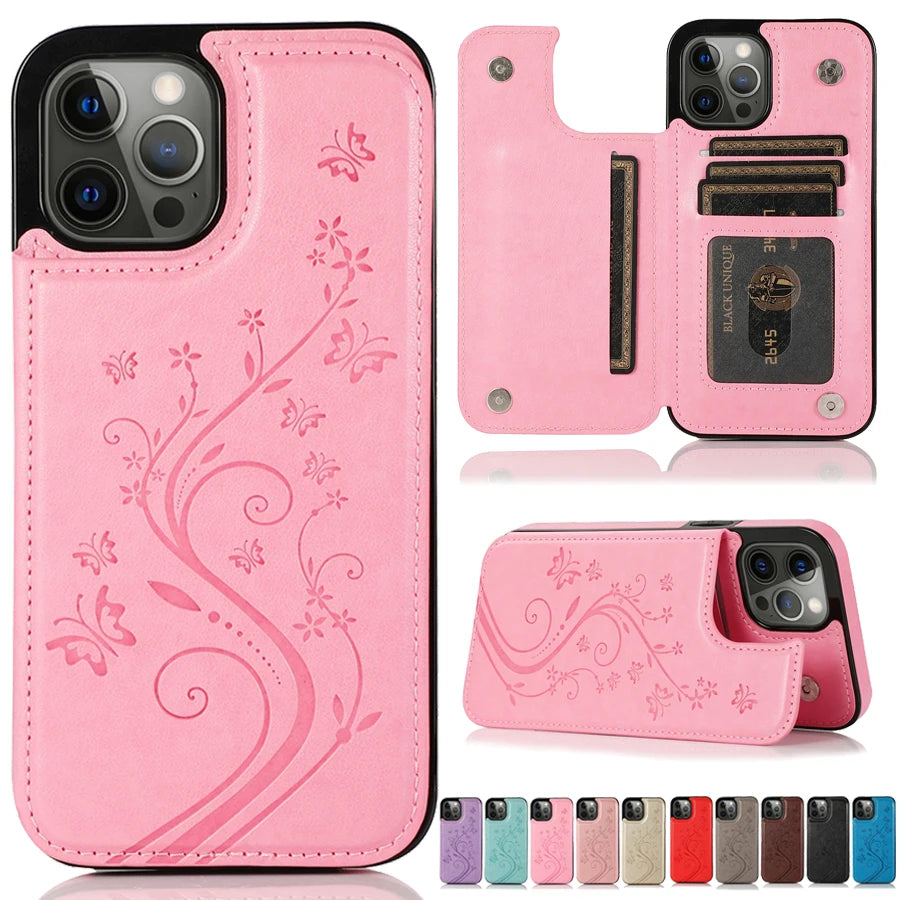 A pink elegant wallet flip case for iPhone shown in various styles and colors.