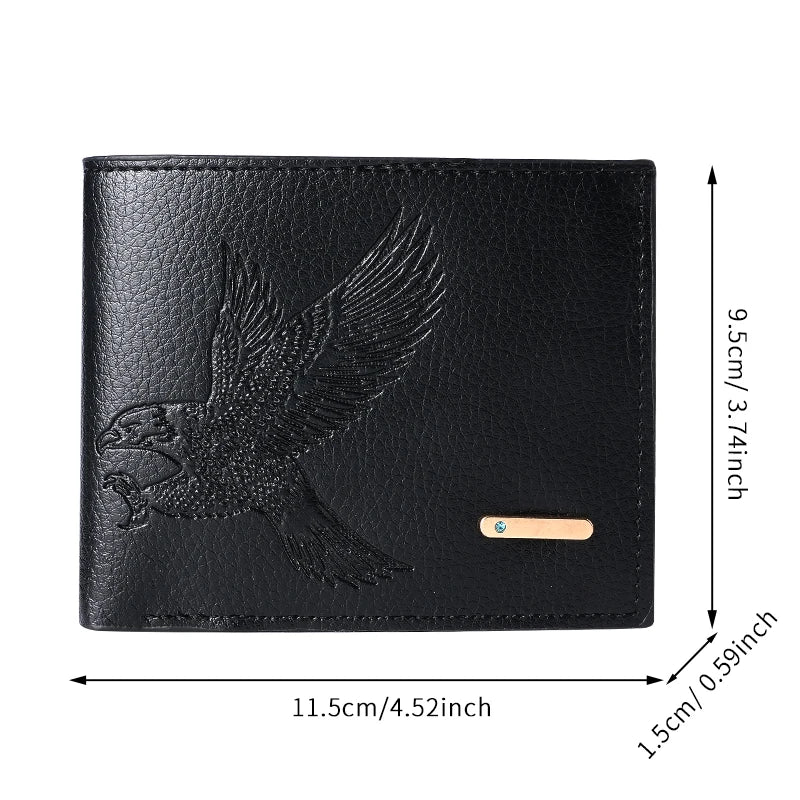 Black slim leather wallet featuring an embossed eagle design for men and women