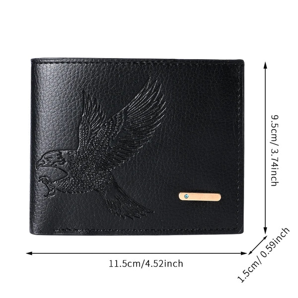Black slim leather wallet featuring an embossed eagle design for men and women