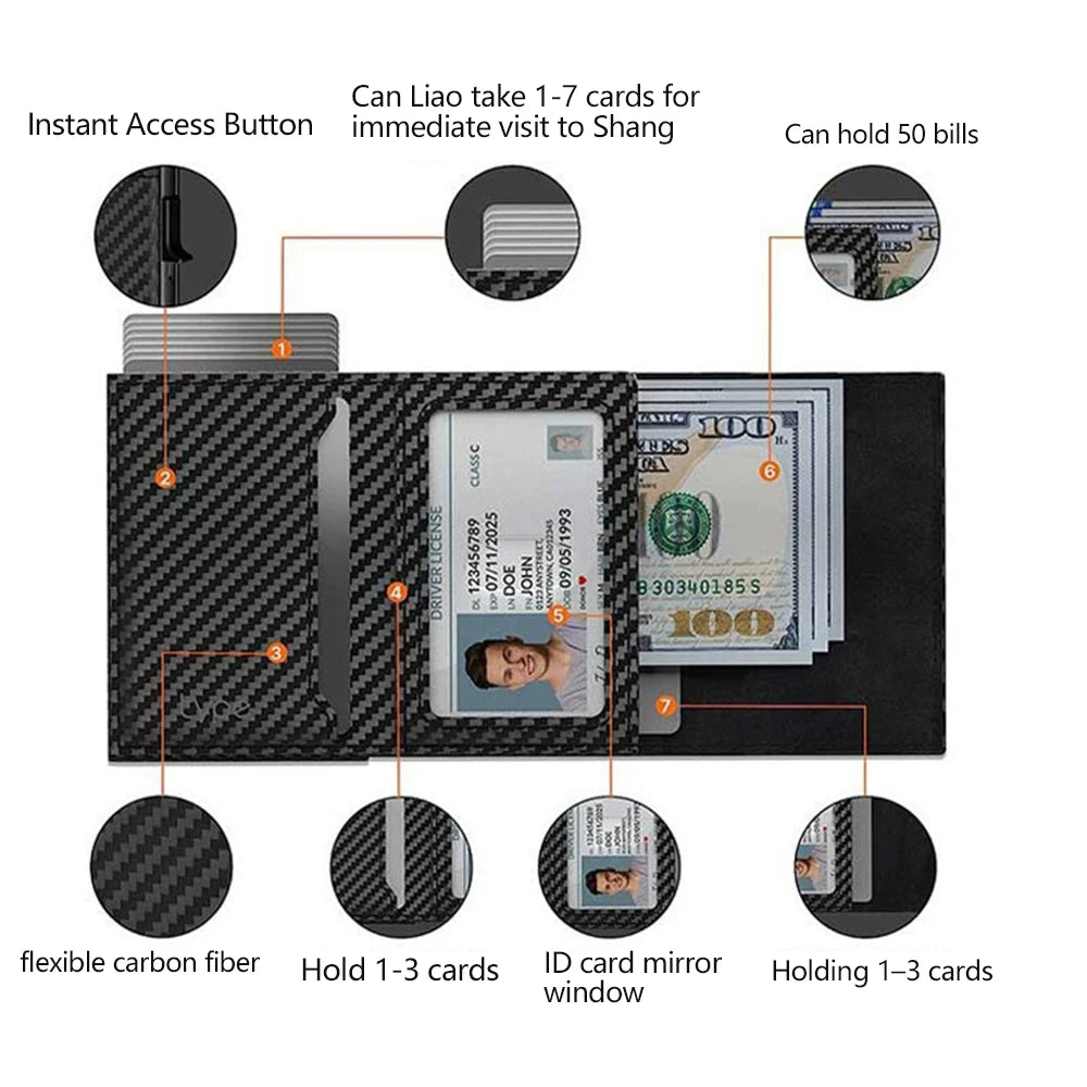 A black magnetic card holder wallet featuring a flexible carbon fiber design for holding 1 to 5 bills and cards.