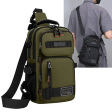 Olive green multifunctional chest bag worn by a man, showing the bag and a similar black version.