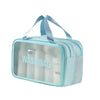A light blue clear plastic pouch with a mesh pocket and a fabric strap for separating dry and wet items.