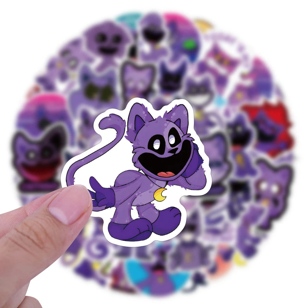A hand holds a sticker pack featuring various smiling critter cats from the Horror Game Catnap.