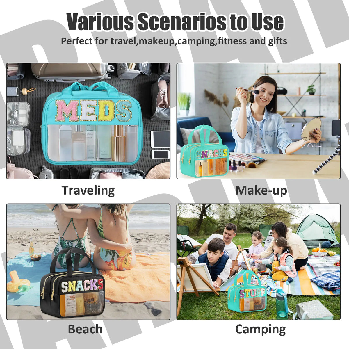 Various scenarios for use including traveling, make-up, camping, fitness and gifts